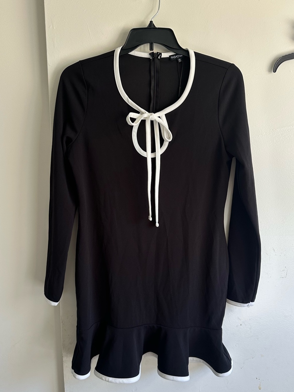 Fashion Nova Black Mini Dress with White Trim Tie-Neck